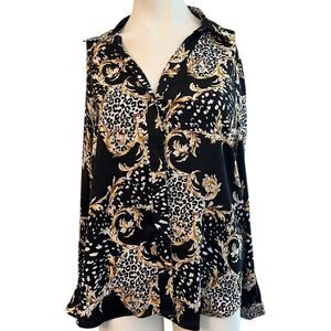 Naked Zebra Women's Large Animal Print Button Front Blouse V Neck CollarTop NWT